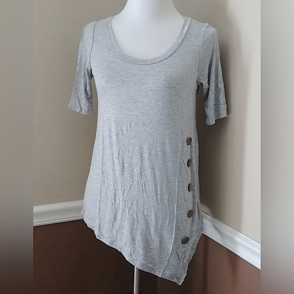 Heather Gray Knit Asymmetric Hem ModCloth Top With Buttons by Fashionomics